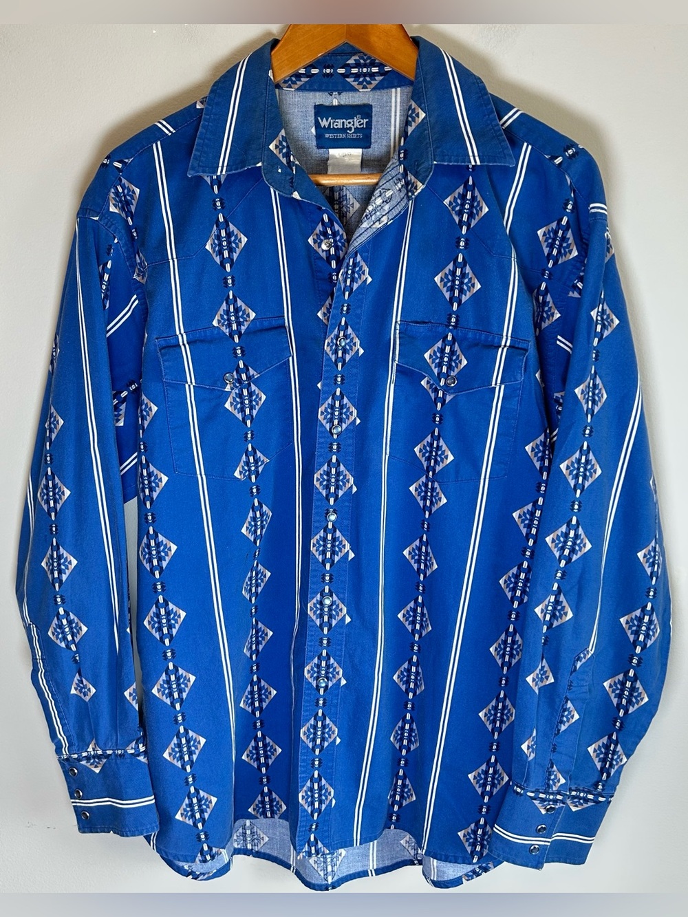 Wrangler Western Shirt Brush Popper L Blue Pearl Snap Rodeo Cowboy VTG 80s/90s